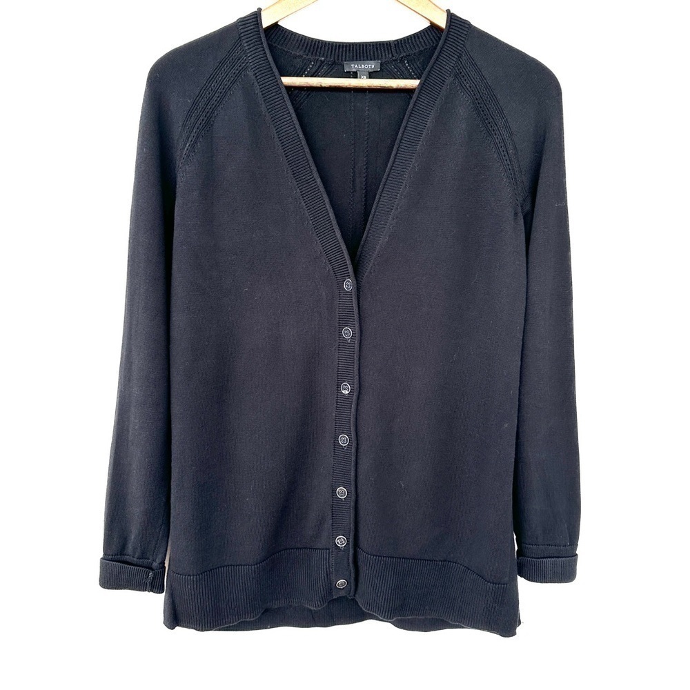 Talbots cardigan with v-neck, long sleeves, raglan, button front, straight cut